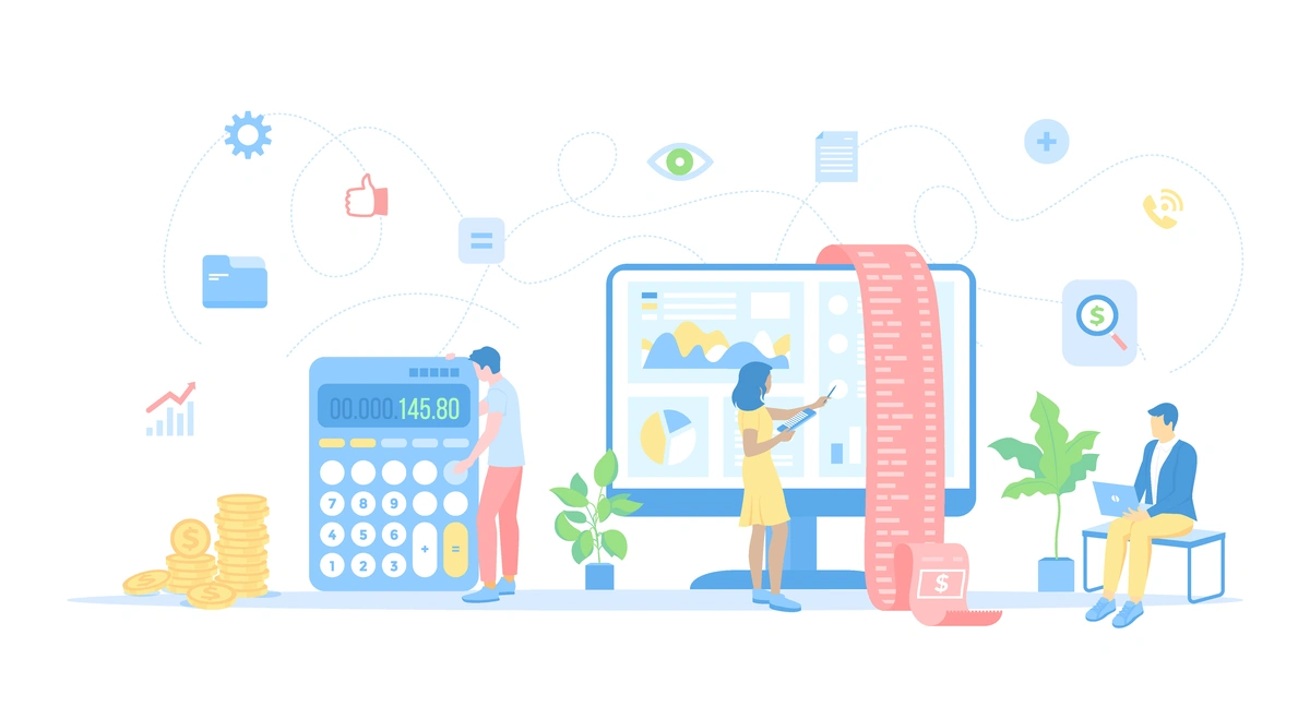 Bookkeeper reviewing financial statements and accounting data on computer screens